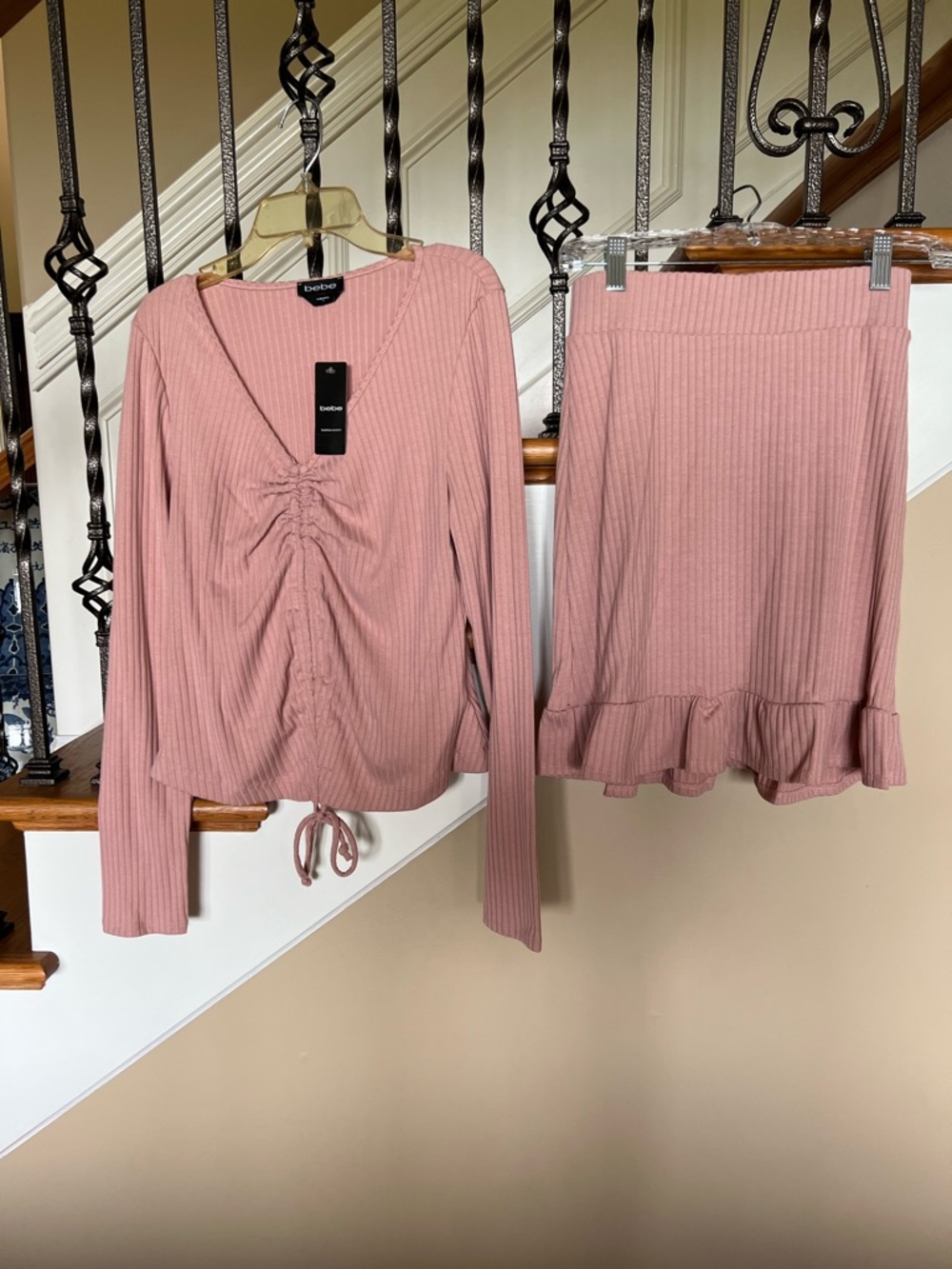 bebe Dusty Pink Ribbed Drawstring Top size L and Ruffle Hem Skirt size XS Set